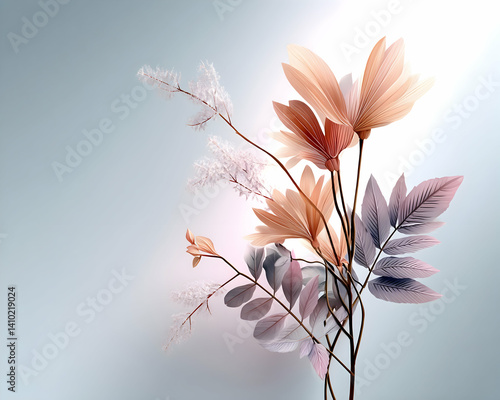 Pastel floral bouquet with soft lighting, showcasing various flower and leaf textures