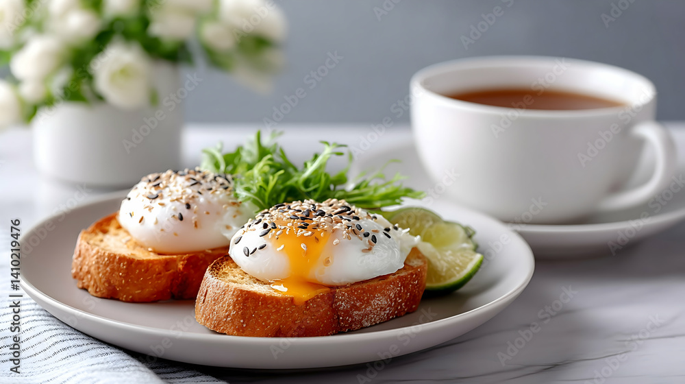 Poached eggs on toast with sesame seeds, microgreens, and lime, served with tea Poached eggs on toast with sesame seeds, microgreens, and lime, served with tea