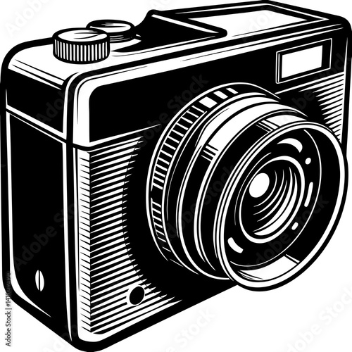Black And White Line Art Illustration Of An Old Camera Perspective View Photography Equipment Classic Style Vector