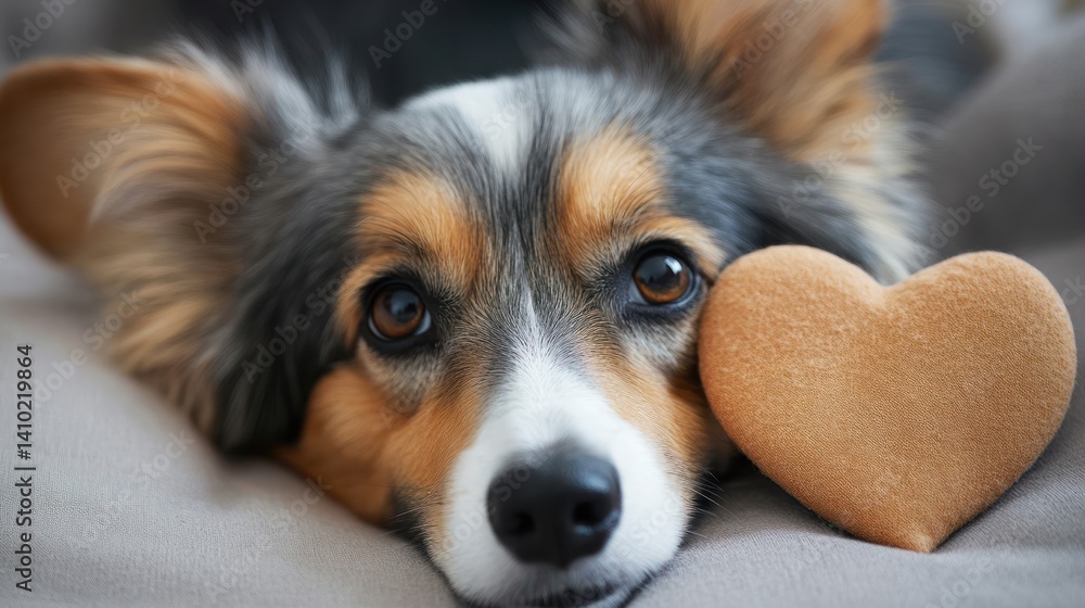 Adorable dog with heart-shaped toy on soft surface Adorable dog with heart-shaped toy on soft surface