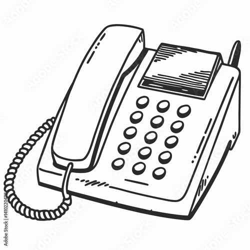 Illustration Of A Vintage Office Desk Phone With Buttons And Curly Cord In Black And White Outlines