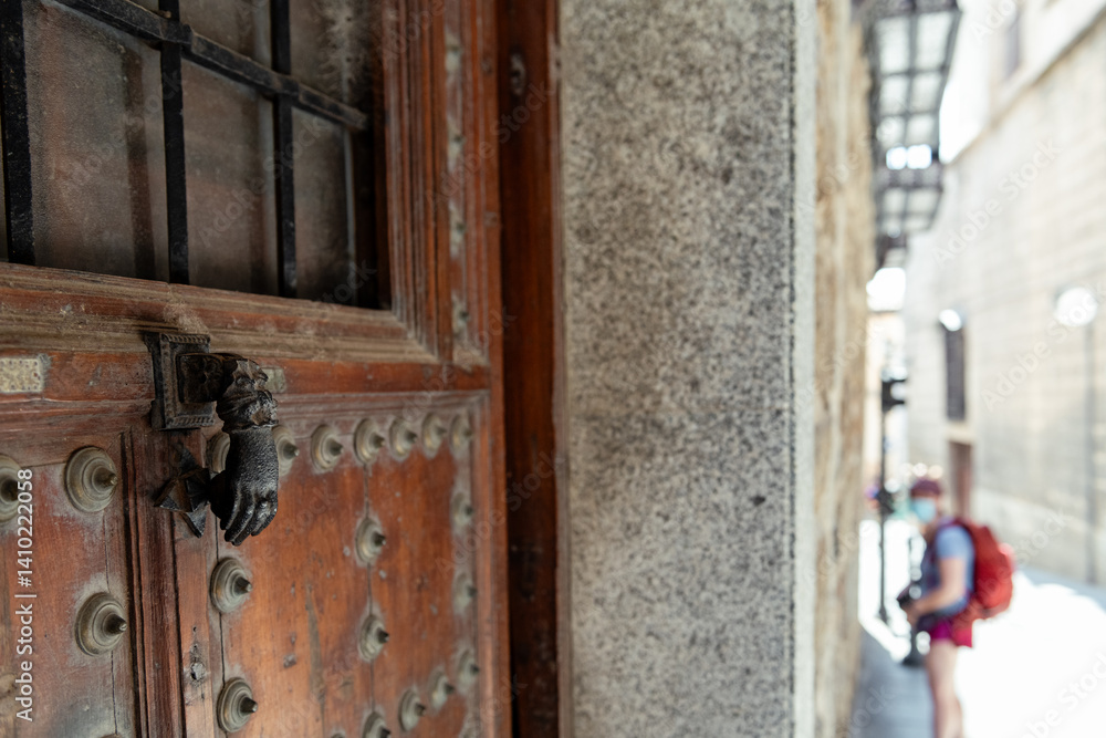 Traveler admiring historic street with charming architectural details Traveler admiring historic street with charming architectural details