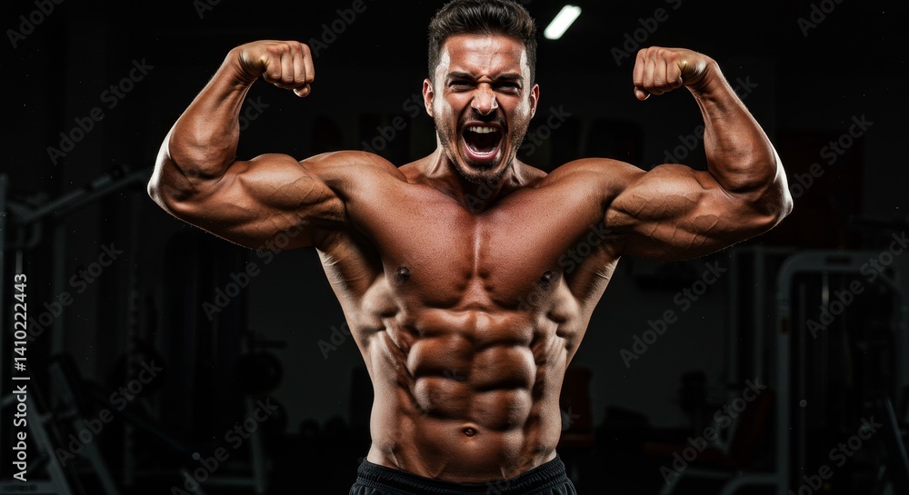 Obraz premium Muscular Man Flexing Biceps in Gym - A muscular man flexes his biceps, showcasing his defined physique in a dark gym setting