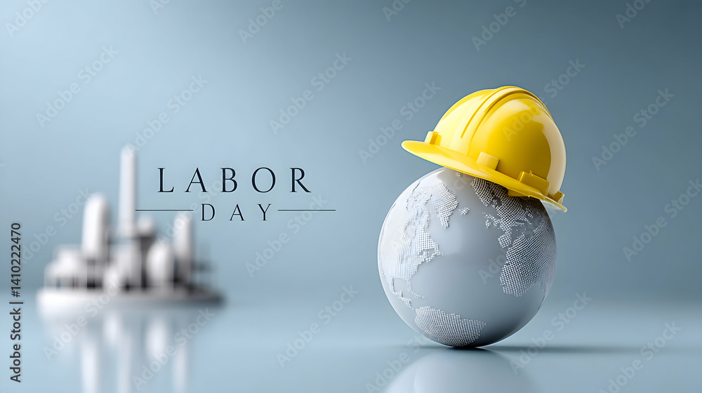 Yellow hardhat rests on globe, factory background; Labor Day concept