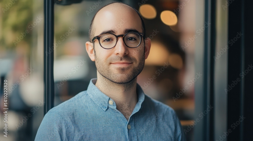 Fototapeta premium Young man smiling outside a café with blurred background
