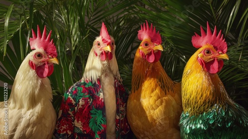 Wallpaper Mural Colorful chickens in funky patterned jackets, tiny hats, and stylish accessories posing for a comedy ad. Torontodigital.ca