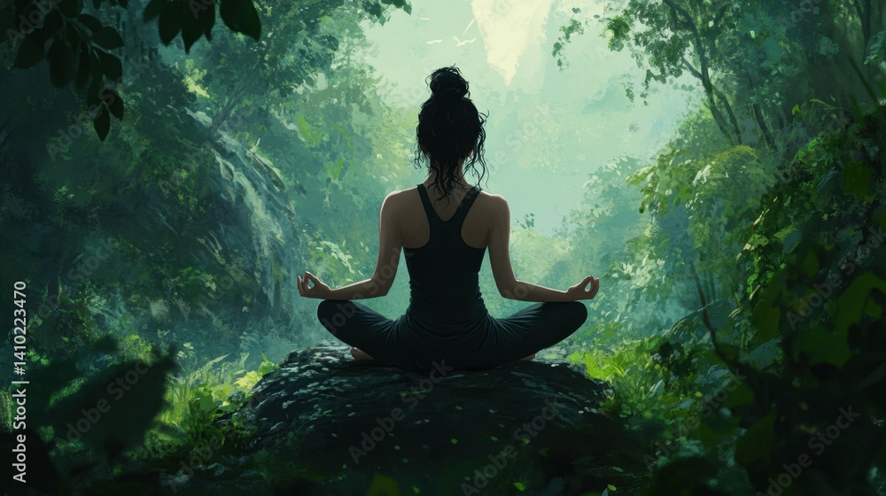 Rear view of a woman practicing yoga in a lush green forest sitting in a lotus pose and embracing nature while maintaining mindfulness and inner balance Rear view of a woman practicing yoga in a lush green forest sitting in a lotus pose and embracing nature while maintaining mindfulness and inner balance