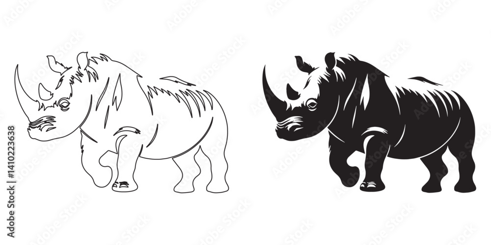 Obraz premium Flat rhino vector illustration – minimal yet dynamic silhouette for logo design – rhino silhouette – rhino vector – rhino illustration – rhino outline – rhino icon – rhino line art
