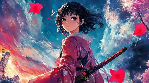 Anime Girl Samurai:  A Stunning Digital Painting of a Female Warrior in Traditional Japanese Attire with a Katana, Set Against a Vibrant Sunset Sky.