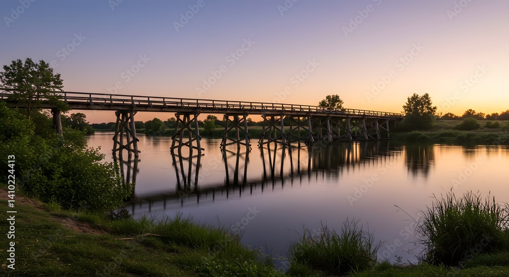 Fototapeta premium Wooden bridge reflecting beautifully on the calm river during a vibrant sunset, creating a peaceful and serene atmosphere amidst the surrounding natural landscape