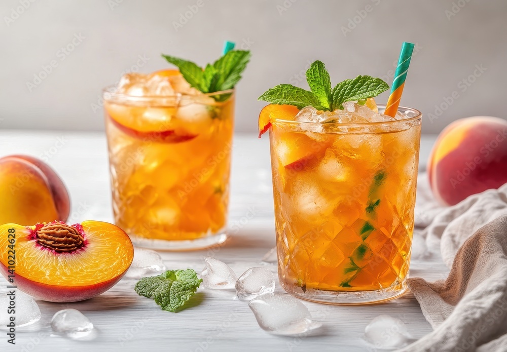Refreshing Peach Iced Tea with Mint Garnish Served in Elegant Glasses Surrounded by Fresh Peaches and Ice Cubes on a Light Background Refreshing Peach Iced Tea with Mint Garnish Served in Elegant Glasses Surrounded by Fresh Peaches and Ice Cubes on a Light Background