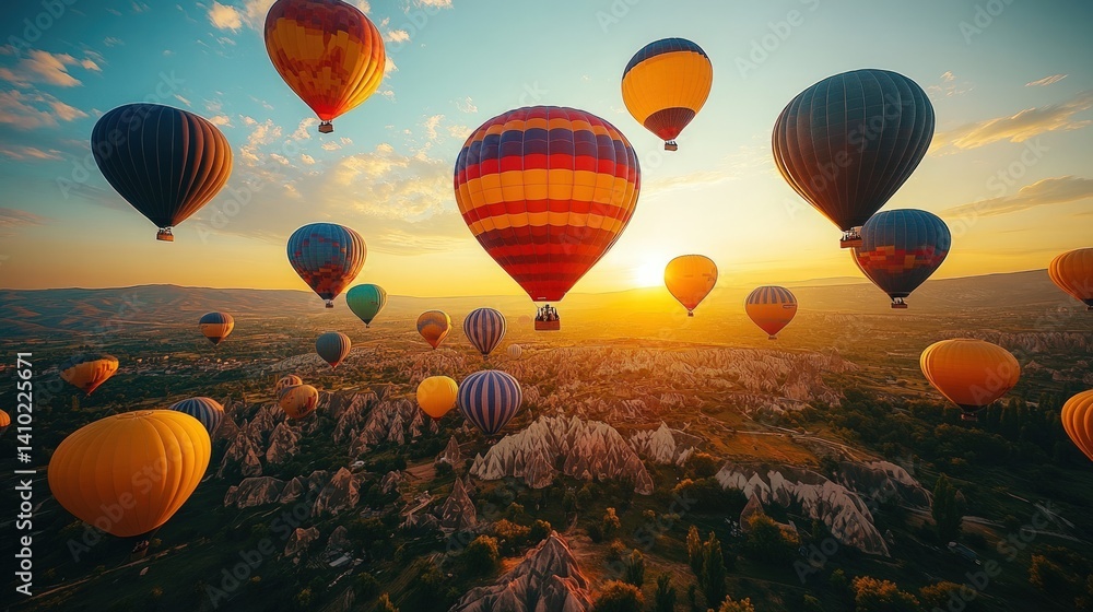 Naklejka premium Many hot air balloons float above a landscape at sunrise or sunset.