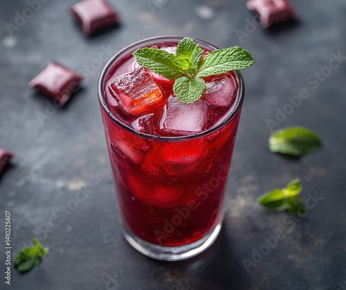 Wallpaper Mural Refreshing Red Beverage with Ice Cubes and Fresh Mint Leaves on a Dark Background for Summer Enjoyment and Cocktails Torontodigital.ca