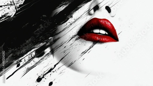 femme en noir et blanc avec du rouge Ã  lÃ¨vres - IA Generative