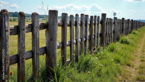Old wooden fence with worn posts and weeds, outdoor, decay