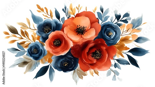 Watercolor Floral Arrangement Blue Red Gold Tones