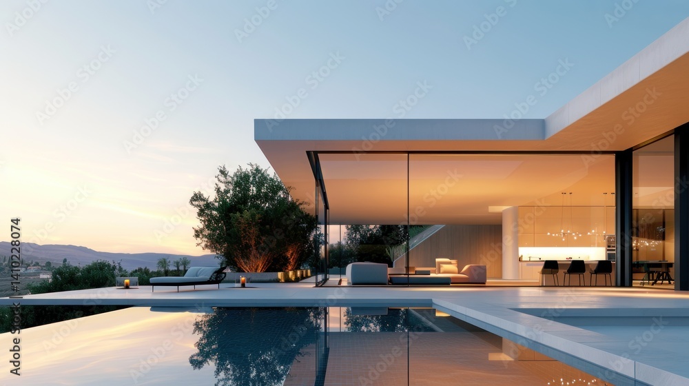 Modern minimalist private house exterior with pool at evening sunset. Generated AI image Modern minimalist private house exterior with pool at evening sunset. Generated AI image