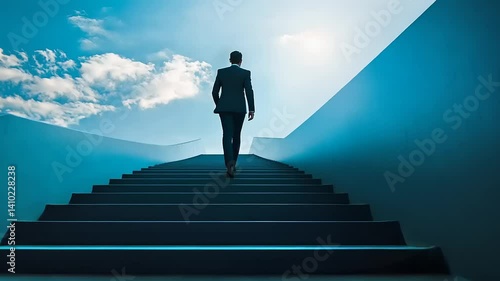 A businessman ascends modern stairs under a bright sky, symbolizing ambition and progress