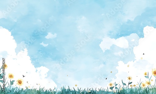 Watercolor background with sunflowers and white clouds onblue sky