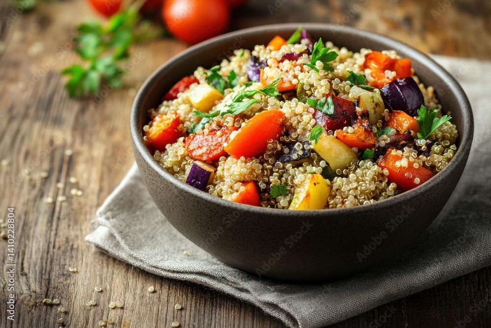 Colorful quinoa salad with roasted vegetables served in a rustic bowl on a wooden table Colorful quinoa salad with roasted vegetables served in a rustic bowl on a wooden table