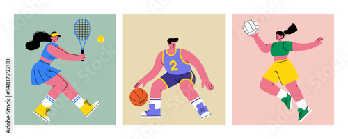 Flat sport characters playing tennis, basketball, and volleyball. Vector set for posters, web, kids projects, or sports materials
