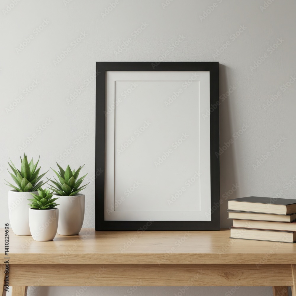 Frame with plants and books on a table Frame with plants and books on a table