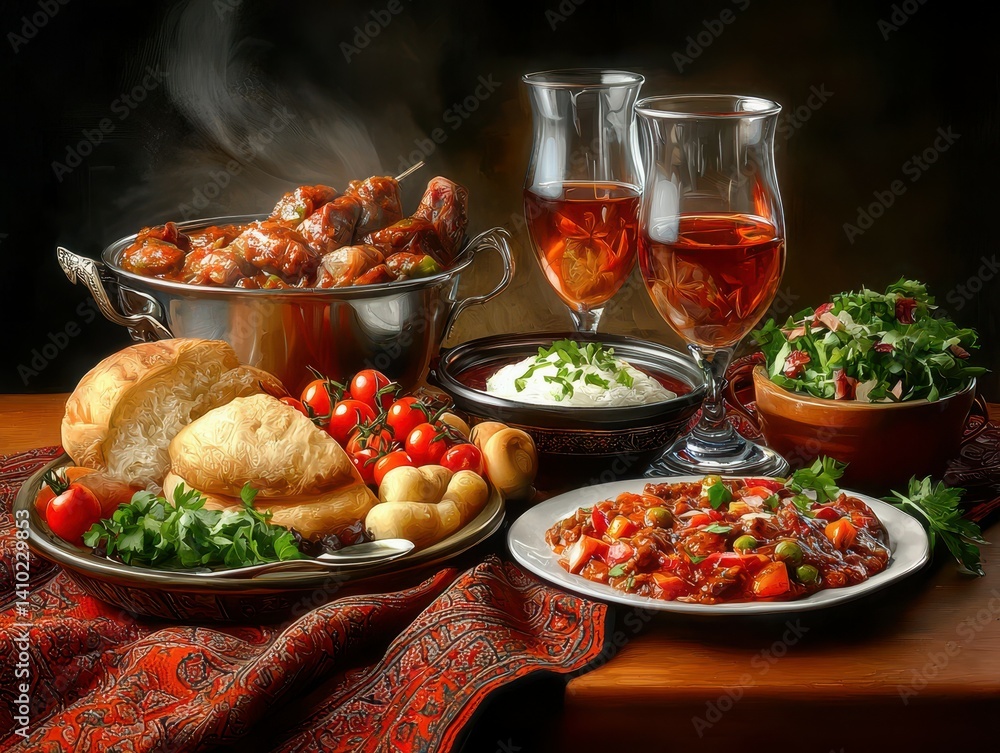 A vibrant display of Mediterranean cuisine with grilled meats and fresh salads. A vibrant display of Mediterranean cuisine with grilled meats and fresh salads.