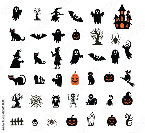 set of halloween icons silhouette design background