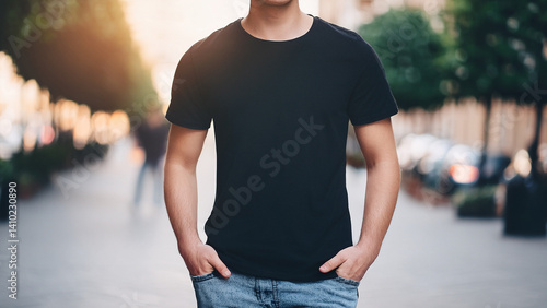 Black T-shirt Mockup on Man Outdoors – Urban Street Style