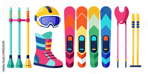 Set of different ski equipment 3d icons. Colorful isometric icons isolated on white background. Vector illustration.