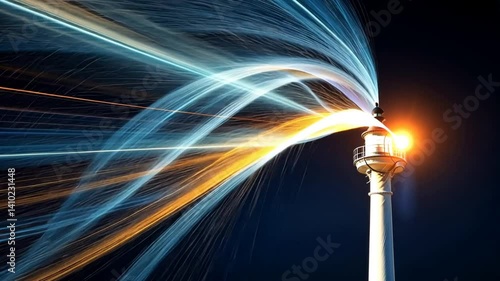 Lighthouse beam: Dynamic streams of light emanate from a lighthouse, cutting through the darkness, symbolizing guidance and technological innovation. 