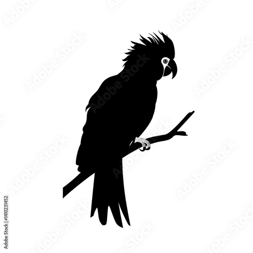 cockatoo silhouette perched on a stick with crest feathers raised minimalist black vector shape white background