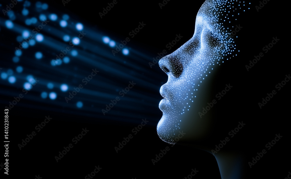 Futuristic human face dissolving into glowing digital particles and light trails against a dark blue background.