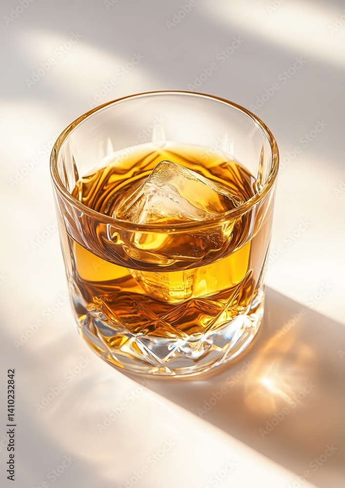 Close-Up Image of Whiskey in a Crystal Glass with Ice Cube on a Light Background Capturing Reflections and Warm Tones of the Beverage Close-Up Image of Whiskey in a Crystal Glass with Ice Cube on a Light Background Capturing Reflections and Warm Tones of the Beverage