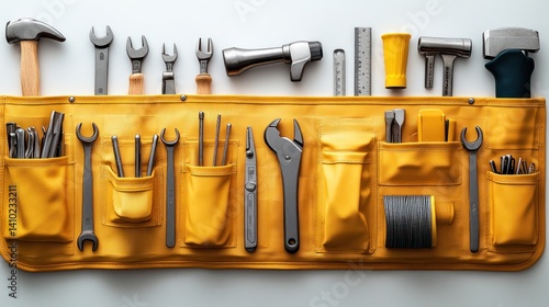 Yellow tool belt, various tools