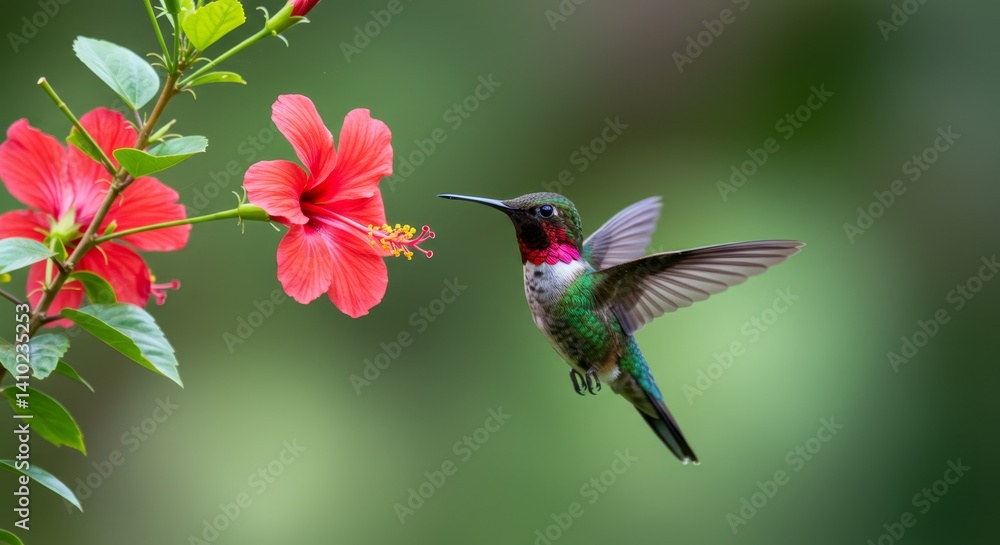Fototapeta premium Vibrant Hummingbird and Hibiscus Bloom - A dazzling hummingbird hovers near a vibrant hibiscus, symbolizing nature, freedom, beauty, delicacy, and life