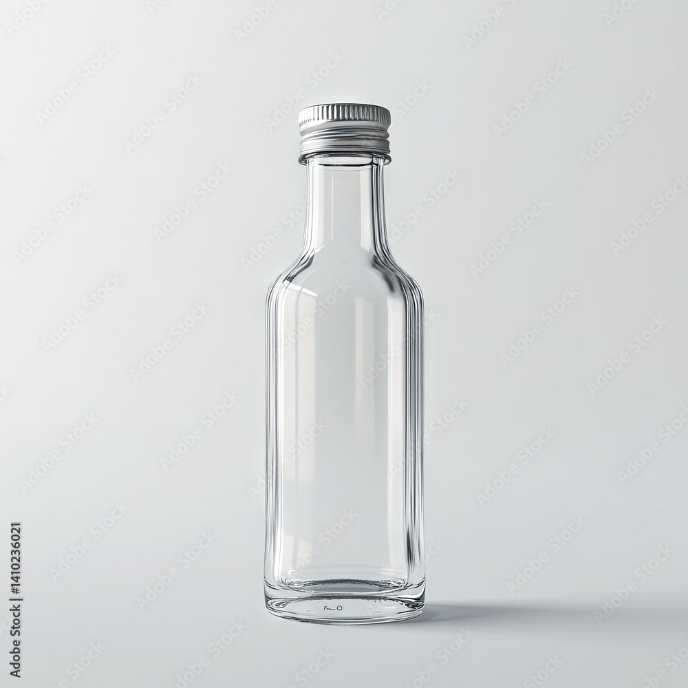 Clear glass bottle with metal cap. Small, rectangular shape. Empty and ready for product Clear glass bottle with metal cap. Small, rectangular shape. Empty and ready for product