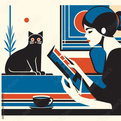 Woman reading magazine with black cat and coffee cup in colorful living room