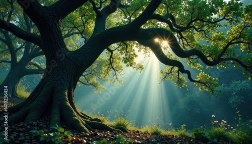 Twisted dark tree branches with thick foliage, dark, foliage, twisted tree