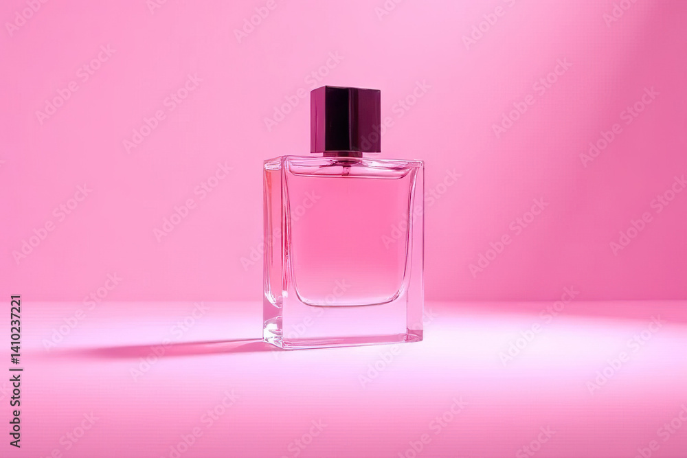 Captivating pink perfume bottle on soft pink surface product photography minimalist style close-up view Captivating pink perfume bottle on soft pink surface product photography minimalist style close-up view
