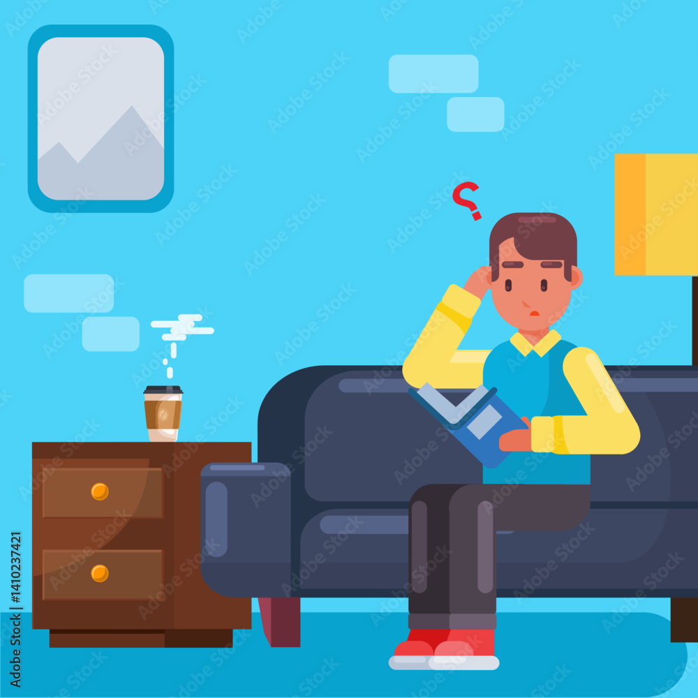 Man reading book and drink coffee, working from anywhere, man reading book and confused Man reading book and drink coffee, working from anywhere, man reading book and confused