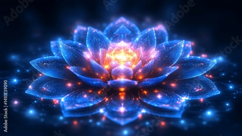 Luminous Blue And Orange Lotus Flower Glowing