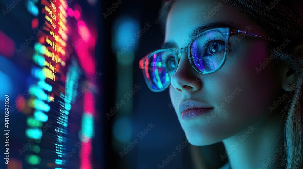Young woman analyzing digital data with glasses Young woman analyzing digital data with glasses