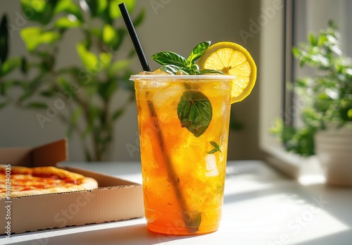 Refreshing Citrus Beverage with Lemon and Mint on a Bright Table Next to Pizza in a Cozy Indoor Setting