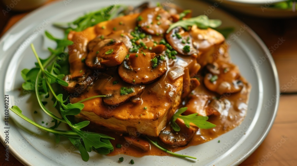 Tasty cubes tofu with mushrooms sauce menu on bowl Tasty cubes tofu with mushrooms sauce menu on bowl