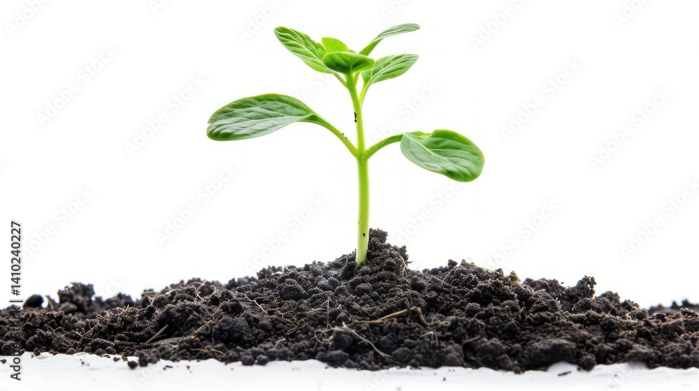 A small green plant is growing in a pile of dirt on white background A small green plant is growing in a pile of dirt on white background
