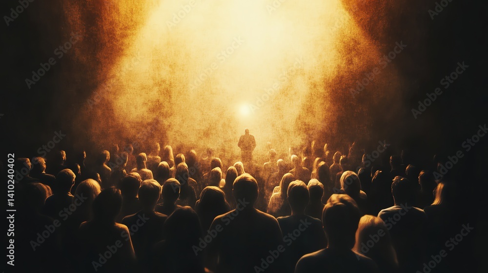 Crowd Watching Speaker on Stage with Dramatic Lighting and Smoke Effect