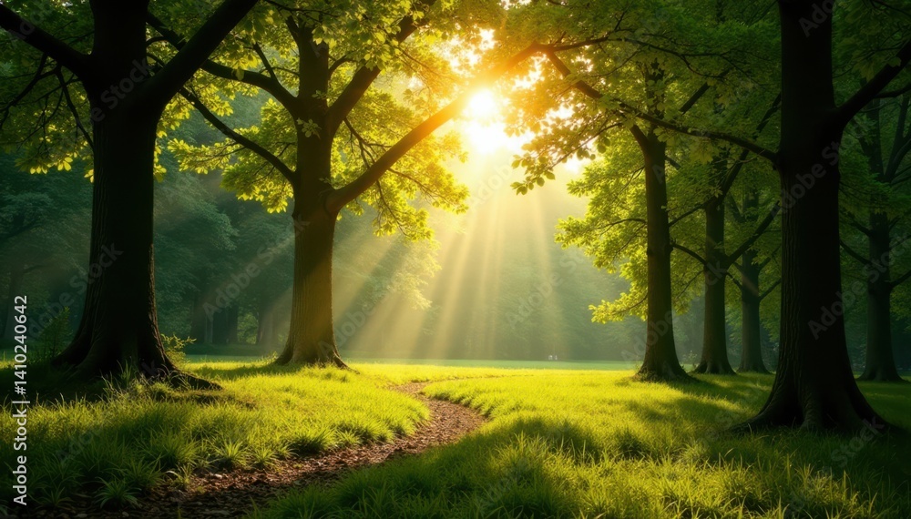 Fototapeta premium Panorama with sunlight filtering through trees, landscape, nature