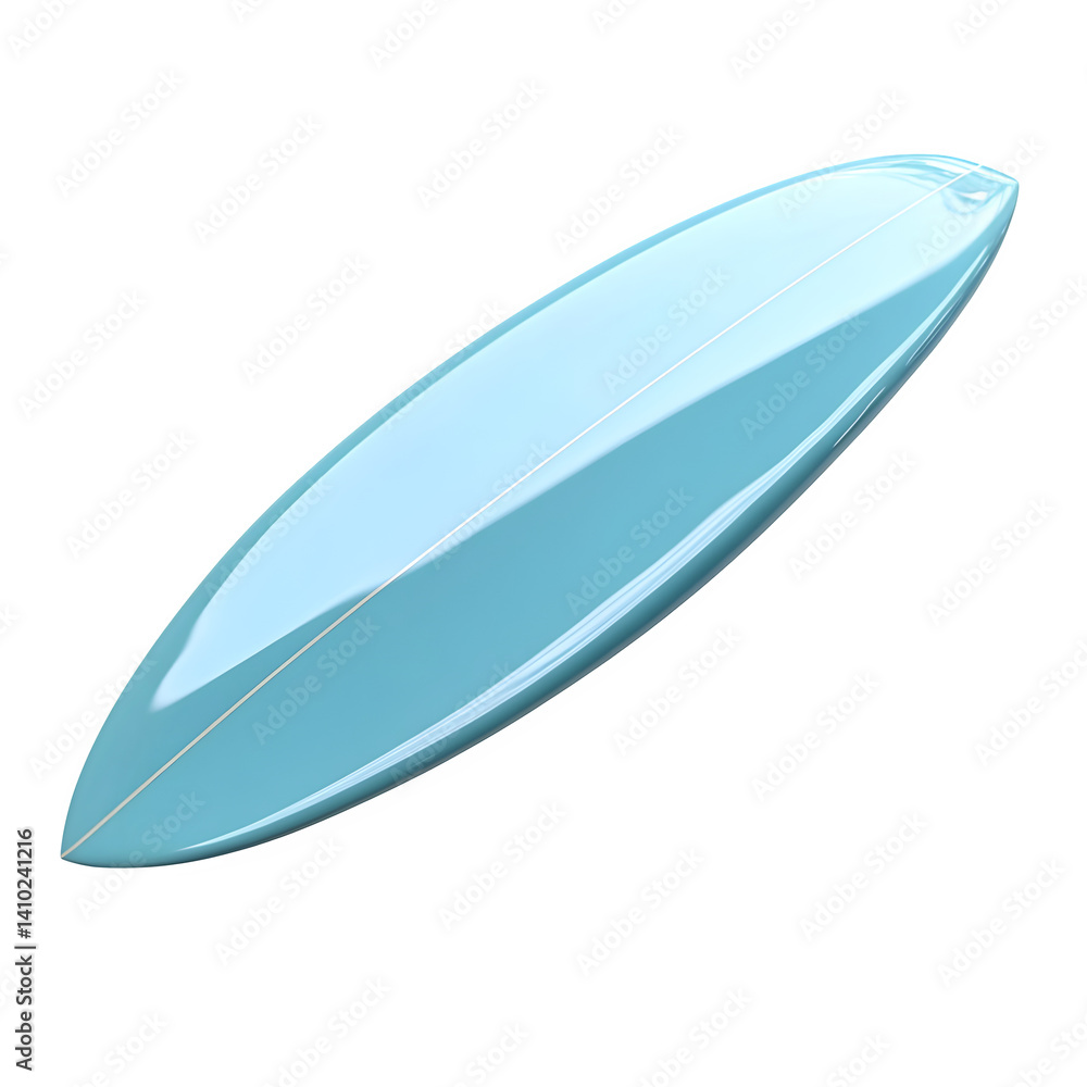 A light blue surfboard with a glossy finish, isolated on white background A light blue surfboard with a glossy finish, isolated on white background