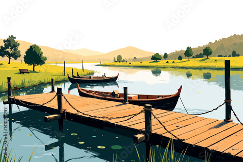 A traditional Korean boat dock (naru) prominently featuring a large wooden deck instead of stone